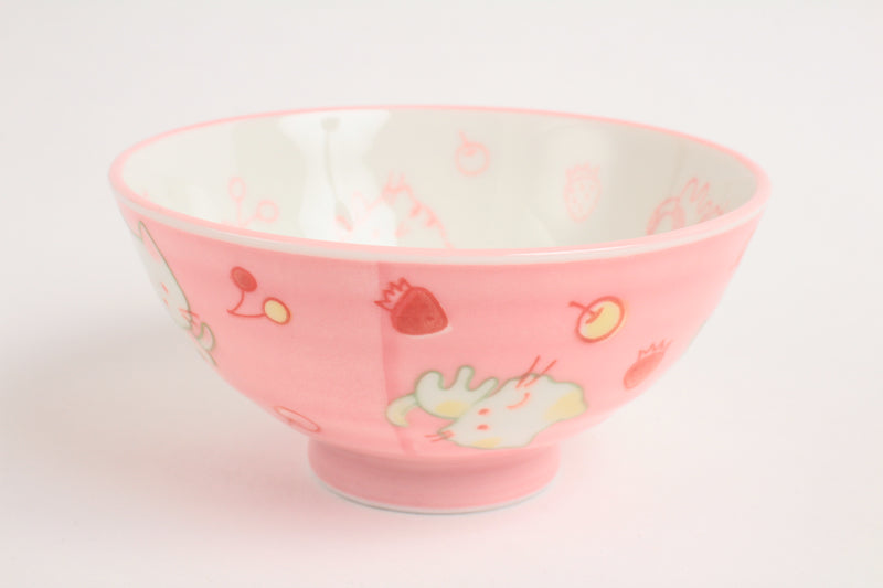 Mino ware Japanese Ceramics Kids Rice Bowl Cat & Cherry Pink Kitten Kitty Japan