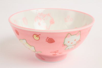 Mino ware Japanese Ceramics Kids Rice Bowl Cat & Cherry Pink Kitten Kitty Japan