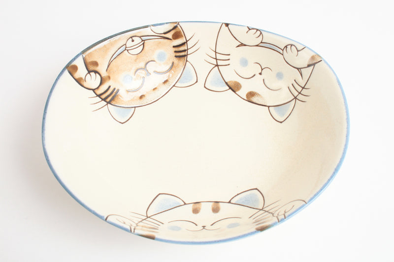 Mino ware Japanese Ceramics Oval Plate Smiling Cats Blue made in Japan