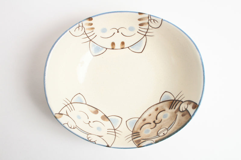 Mino ware Japanese Ceramics Oval Plate Smiling Cats Blue made in Japan