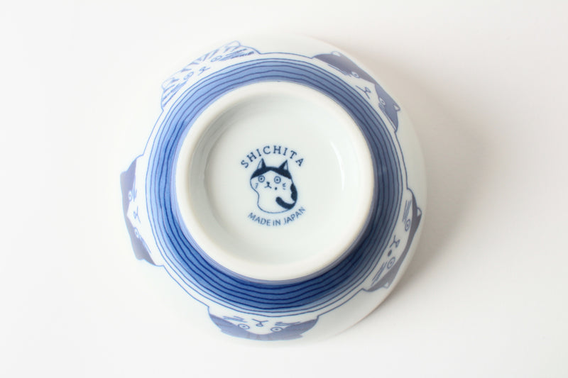 Mino ware Japan Ceramics Rice Bowl Five Japanese Cats Faces White & Blue