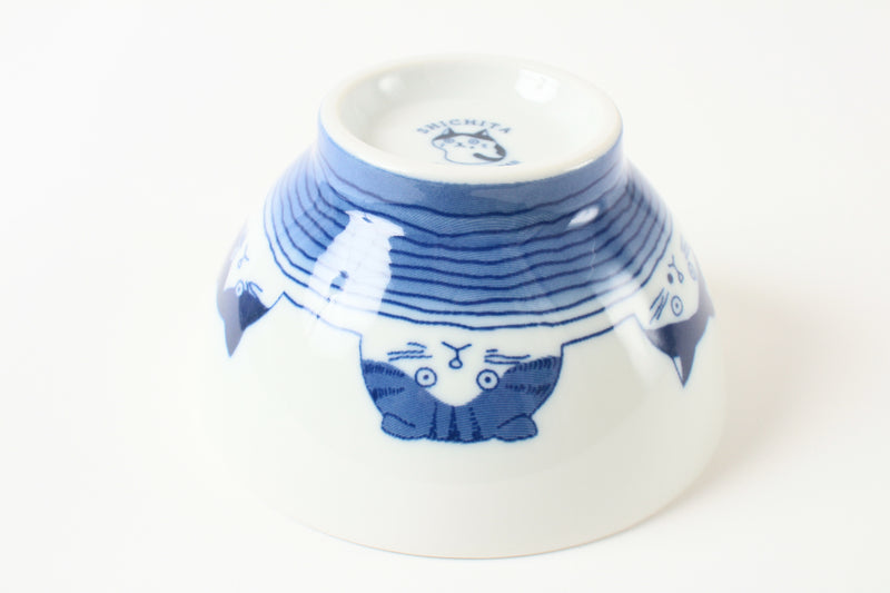 Mino ware Japan Ceramics Rice Bowl Five Japanese Cats Faces White & Blue