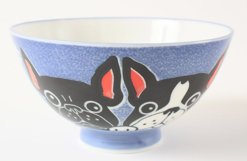 Mino ware Japanese Ceramics Rice Bowl French Bulldog Blue made in Japan
