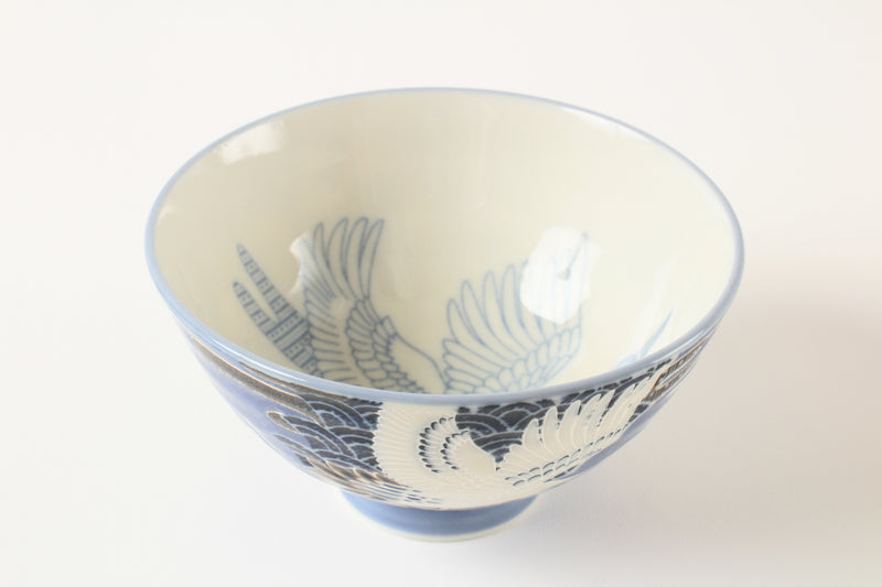 Mino ware Japanese Ceramics Rice Bowl Flying Crane Blue made in Japan