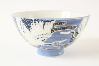 Mino ware Japanese Ceramics Rice Bowl Flying Crane Blue made in Japan
