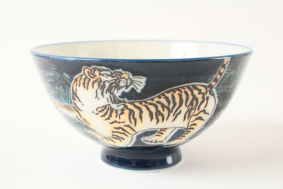 Mino ware Japanese Ceramics Rice Bowl Roaring Tiger Blue made in Japan