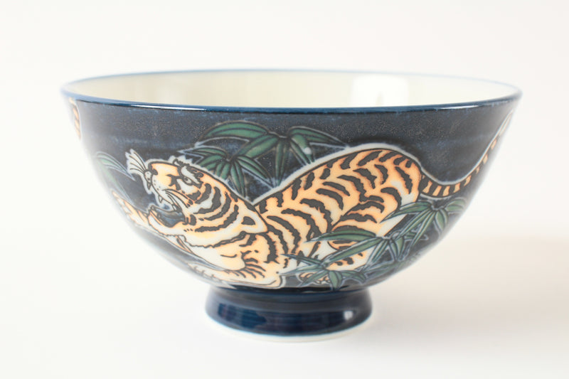 Mino ware Japanese Ceramics Rice Bowl Roaring Tiger Blue made in Japan