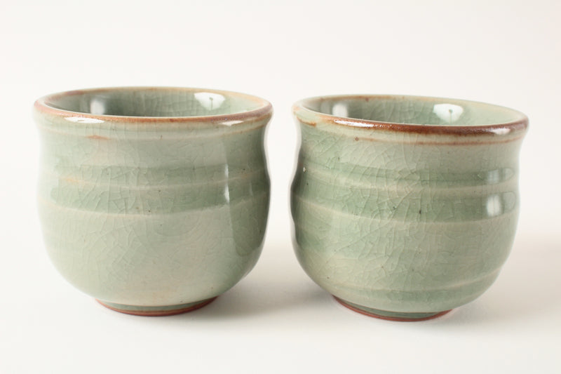 Mino ware Japanese Pottery Yunomi Chawan Sencha Pair Tea Cup Nanban Olive Green
