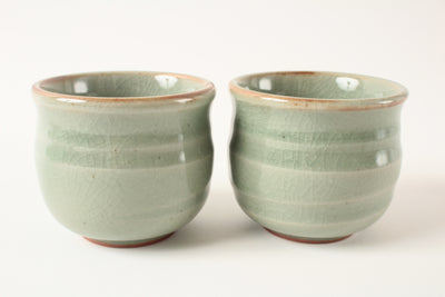 Mino ware Japanese Pottery Yunomi Chawan Sencha Pair Tea Cup Nanban Olive Green
