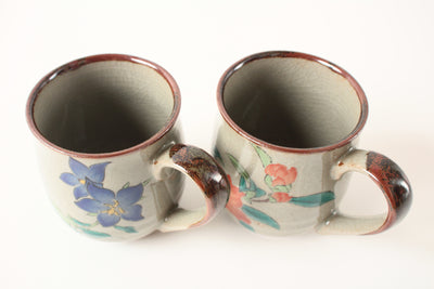 Kutani ware Japan Ceramic Pair Mug Cup Purple & Red Flower Crackled