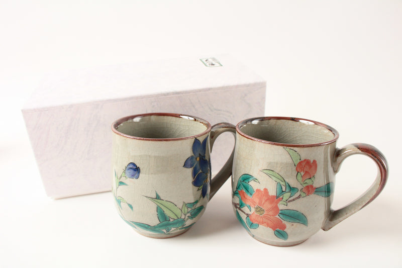 Kutani ware Japan Ceramic Pair Mug Cup Purple & Red Flower Crackled