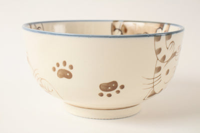 Mino ware Japanese Ceramics Large Rice Bowl Smiling Cats Gloss finish Blue