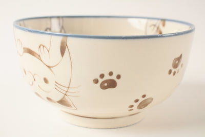 Mino ware Japanese Ceramics Large Rice Bowl Smiling Cats Gloss finish Blue