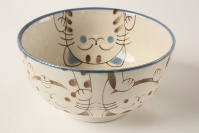 Mino ware Japanese Ceramics Large Rice Bowl Smiling Cats Gloss finish Blue