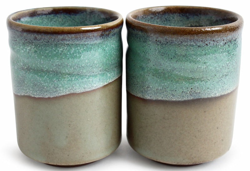 Mino ware Japanese Pottery Pair Yunomi Chawan Tea Cup Blue & Moss Green Straight