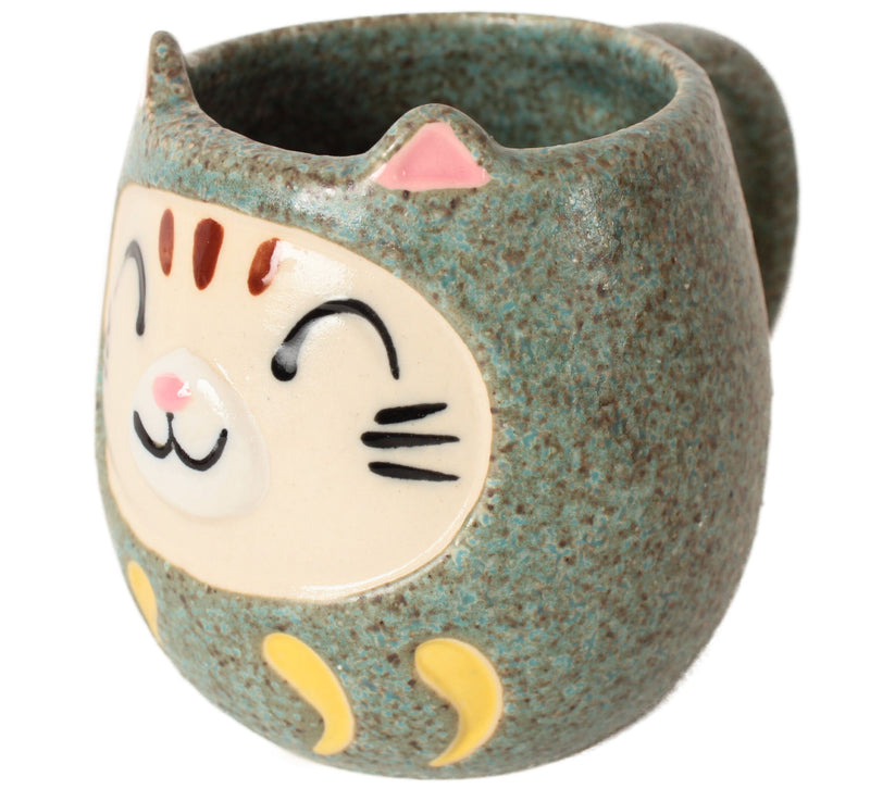 Mino ware Japanese Pottery Mug Cup Cat Daruma Green made in Japan