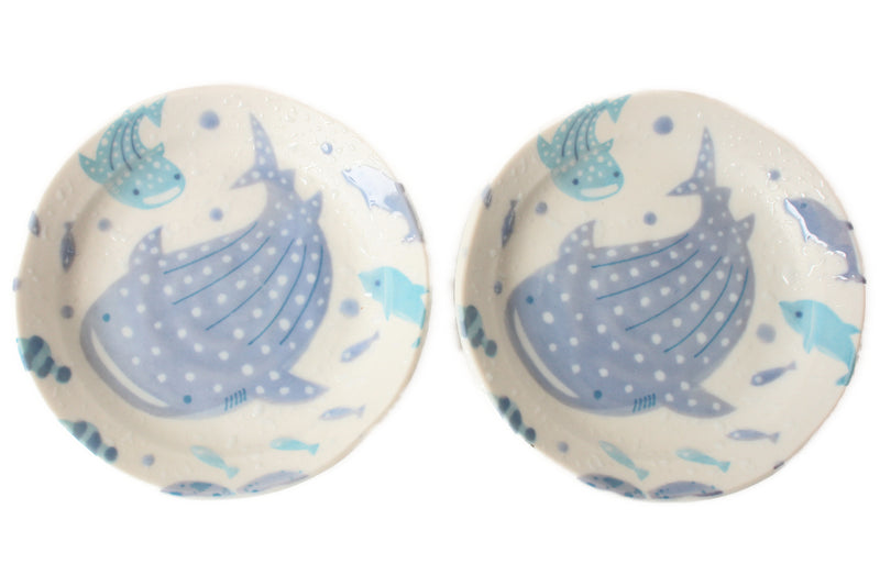 Mino ware Japanese Ceramics 4.8 inch Round Plate Set of Two  Whale Shark made in Japan