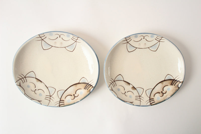 Mino ware Japanese Ceramics Mini Oval Plate Set of Two Smiling Cat Blue