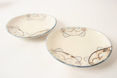 Mino ware Japanese Ceramics Mini Oval Plate Set of Two Smiling Cat Blue