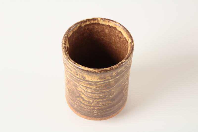 Mino ware Japan Pottery Sushi Yunomi Chawan Tea Cup Peanut Brown Stripe Dimpled