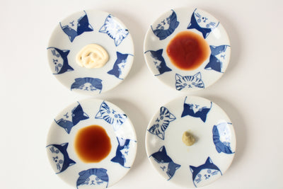 Mino ware Japan Ceramics Mini Round Plate Set of 4 Five Cats Blue