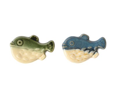 Mino ware Japan Ceramics Puffer Fish Chopstick Rest Set of Two Green & Blue
