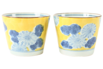 Mino ware Japan Pottery Pair Sobachoko Cup Yellow Flower made in Japan