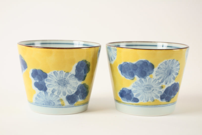 Mino ware Japan Pottery Pair Sobachoko Cup Yellow Flower made in Japan