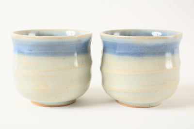 Mino ware Japanese Pottery Yunomi Chawan Sencha Pair Sencha Tea Cup Blue Edge
