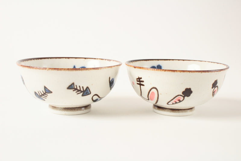 Mino ware Japanese Pair Rice Bowl Set of Two Cat & Rabbit made in Japan