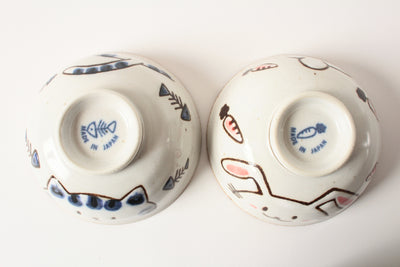 Mino ware Japanese Pair Rice Bowl Set of Two Cat & Rabbit made in Japan