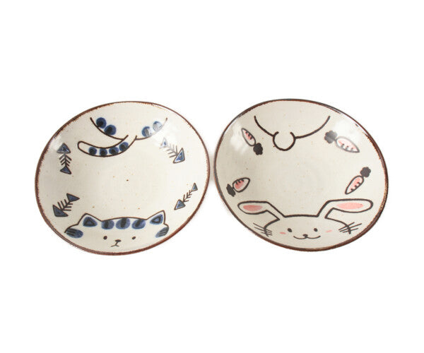 Mino ware Japan Ceramics Deep Round Plate Set of Two Cat & Rabbit made ...