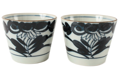 Mino ware Japan Pottery Pair Sobachoko Cup Indigo Flowers made in Japan
