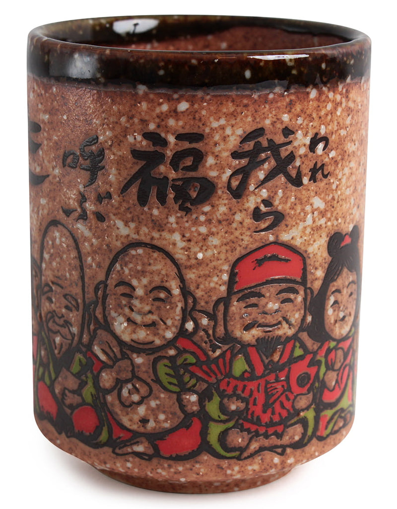Mino ware Japanese Sushi Yunomi Chawan Tea Cup Seven Lucky Gods Brown